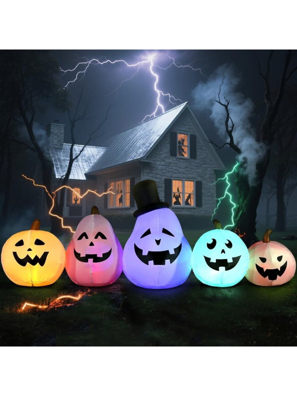 🎃 8 FT Long Halloween Inflatable White Pumpkin Built in Colorful LED Lights